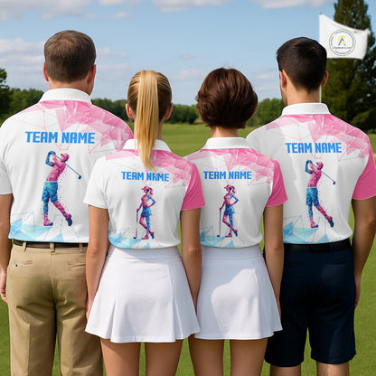 Blue And Pink Polygonal Pattern Mens Golf Polo Shirts Custom White Golf Clubs Golf Shirt For Men NHN0098