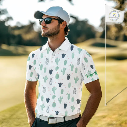 Funny Cactus Flower Pattern Mens Golf Polo Shirts Custom, Cactus Golf Shirt Personalized NHN0151