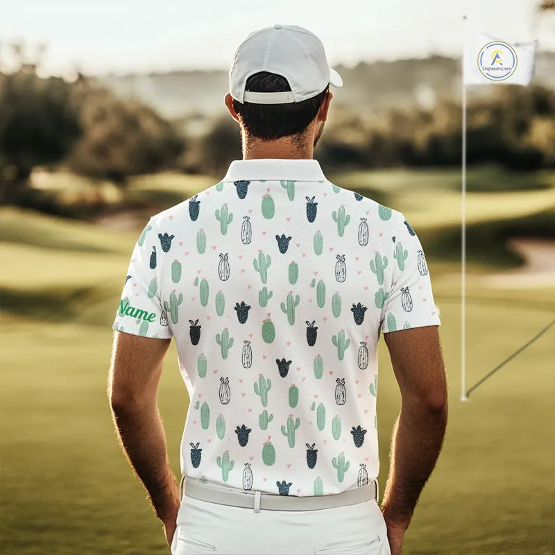 Funny Cactus Flower Pattern Mens Golf Polo Shirts Custom, Cactus Golf Shirt Personalized NHN0151