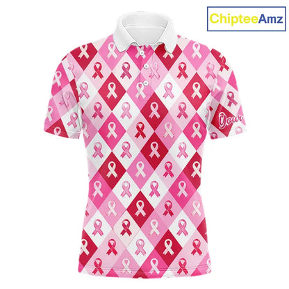 Pink Plaid Mens Golf Polo Shirt Custom Pink Ribbon Breast Cancer Awareness Team Golf Tops, Golf Gifts NHN0165