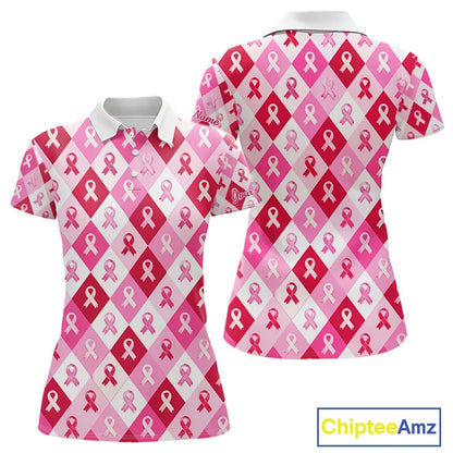 Pink Plaid Womens Golf Polo Shirt Custom Pink Ribbon Breast Cancer Awareness Team Golf Tops NHN0165