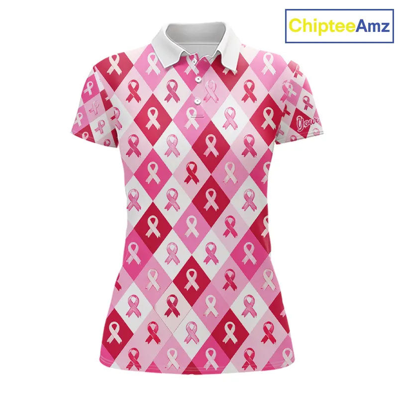 Pink Plaid Womens Golf Polo Shirt Custom Pink Ribbon Breast Cancer Awareness Team Golf Tops NHN0165