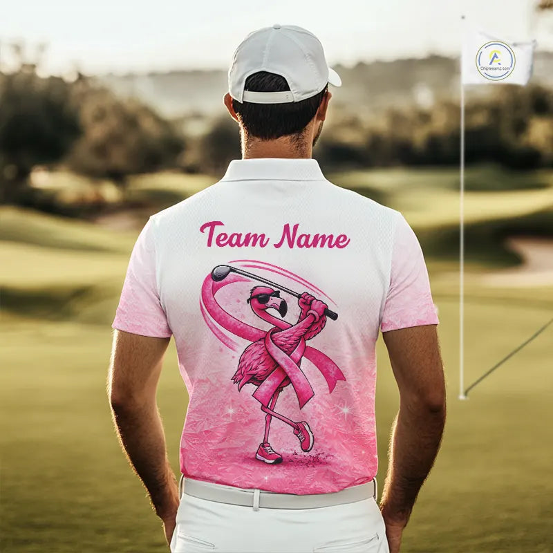 Pink Breast Cancer Golf Shirt, Funny Flamingo Cancer Awareness Mens Golf Polo Shirt, Golf Gifts NHN0167