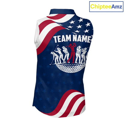 Funny Womens Sleeveless Golf Polo Shirt Custom Name American Flag Polo Shirt, Patriotic Gift NHN0173