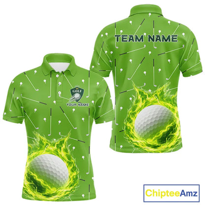 Mens Golf Polo Shirt Custom Green And White Golf Ball Flame Team Golf Shirts, Golf Tops For Men NHN0179