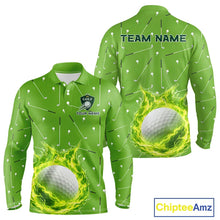 Load image into Gallery viewer, Long Sleeve Golf Polo Shirt Custom Green And White Golf Ball Flame Team Golf Shirts, Golf Tops For Men NHN0179