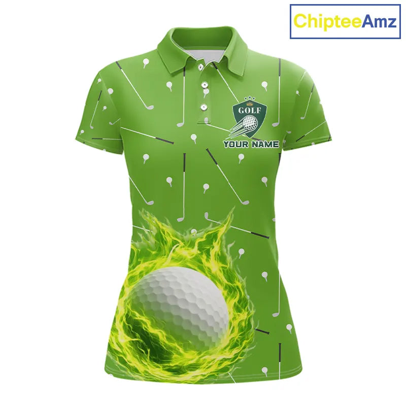 Womens Golf Polo Shirt Custom Green And White Golf Ball Flame Team Golf Shirts, Ladies Golf Top NHN0179