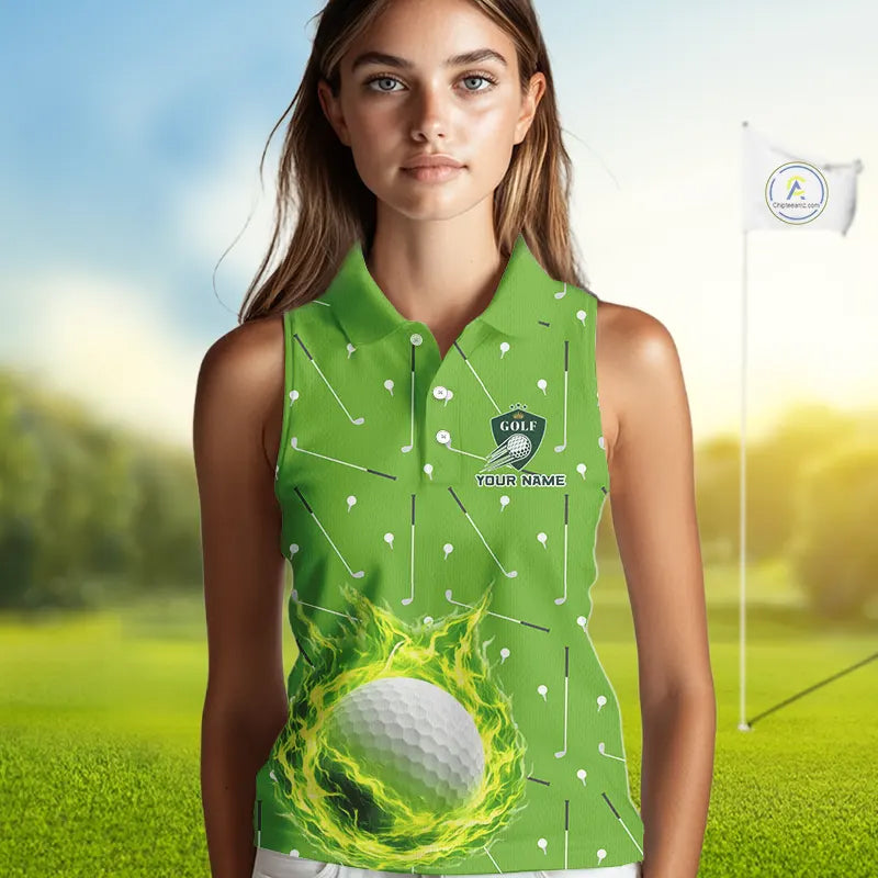 Womens Sleeveless Golf Polo Shirt Custom Green And White Golf Ball Flame Team Shirts, Ladies Golf Top NHN0179