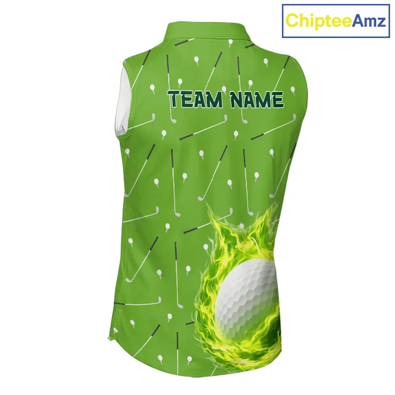 Womens Sleeveless Golf Polo Shirt Custom Green And White Golf Ball Flame Team Shirts, Ladies Golf Top NHN0179