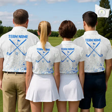 Load image into Gallery viewer, Blue And White Polygonal Pattern Womens Golf Polo Shirts Custom White Golf Clubs Golf Shirt For Ladies NHN0101