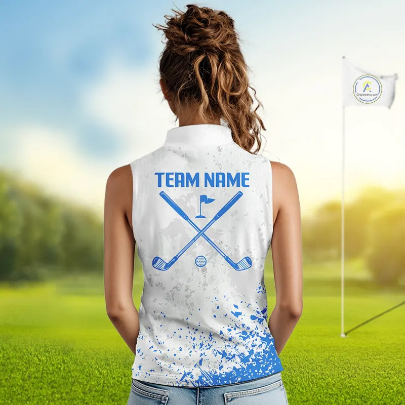 Blue And White Womens Sleeveless Golf Polo Shirt Custom White Golf Clubs Golf Shirt For Ladies NHN0101