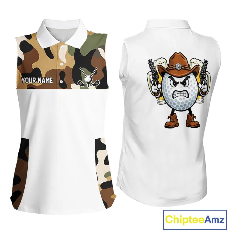 Funny Womens Sleeveless Golf Polo Shirt Custom Cowboy Golf Ball Camo Pattern Golf Outfits, Golf Gifts NHN0103