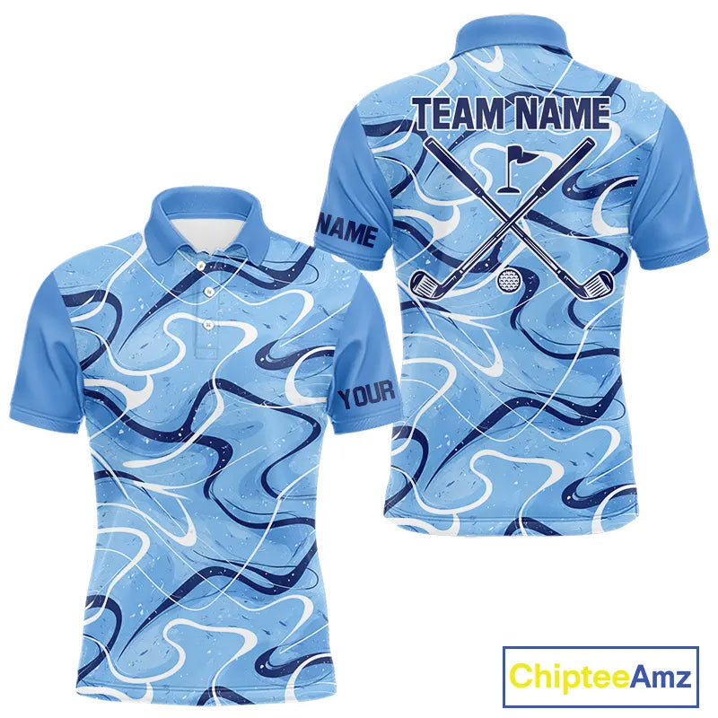 Blue And White Mens Golf Polo Shirts Custom Blue Camo Golf Tops For Men, Personalized Golf Gifts NHN0112