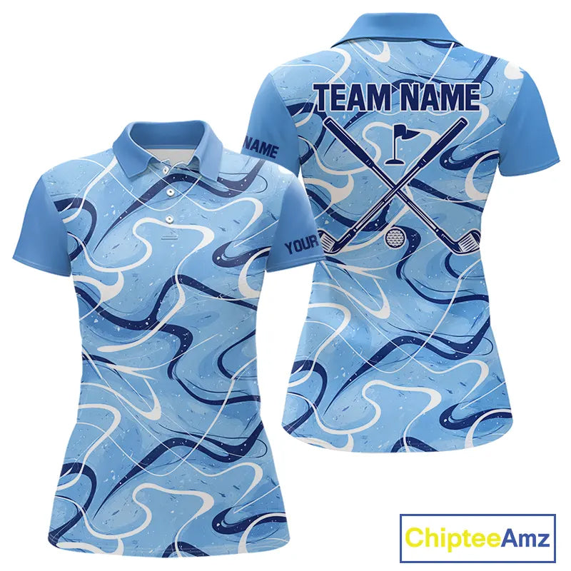 Blue And White Womens Golf Polo Shirts Custom Blue Camo Golf Tops For Ladies, Personalized Golf Gifts NHN0112