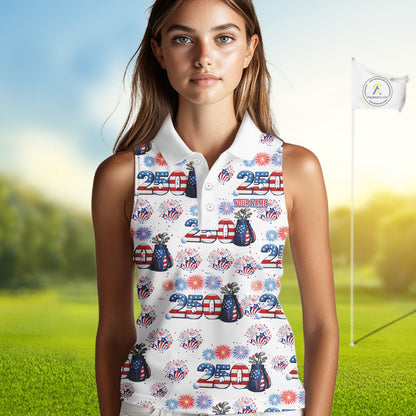 America 250th Anniversary Womens Sleeveless Golf Polo Shirt Patriotic USA Golf Shirts, Golf Gift NHN0233