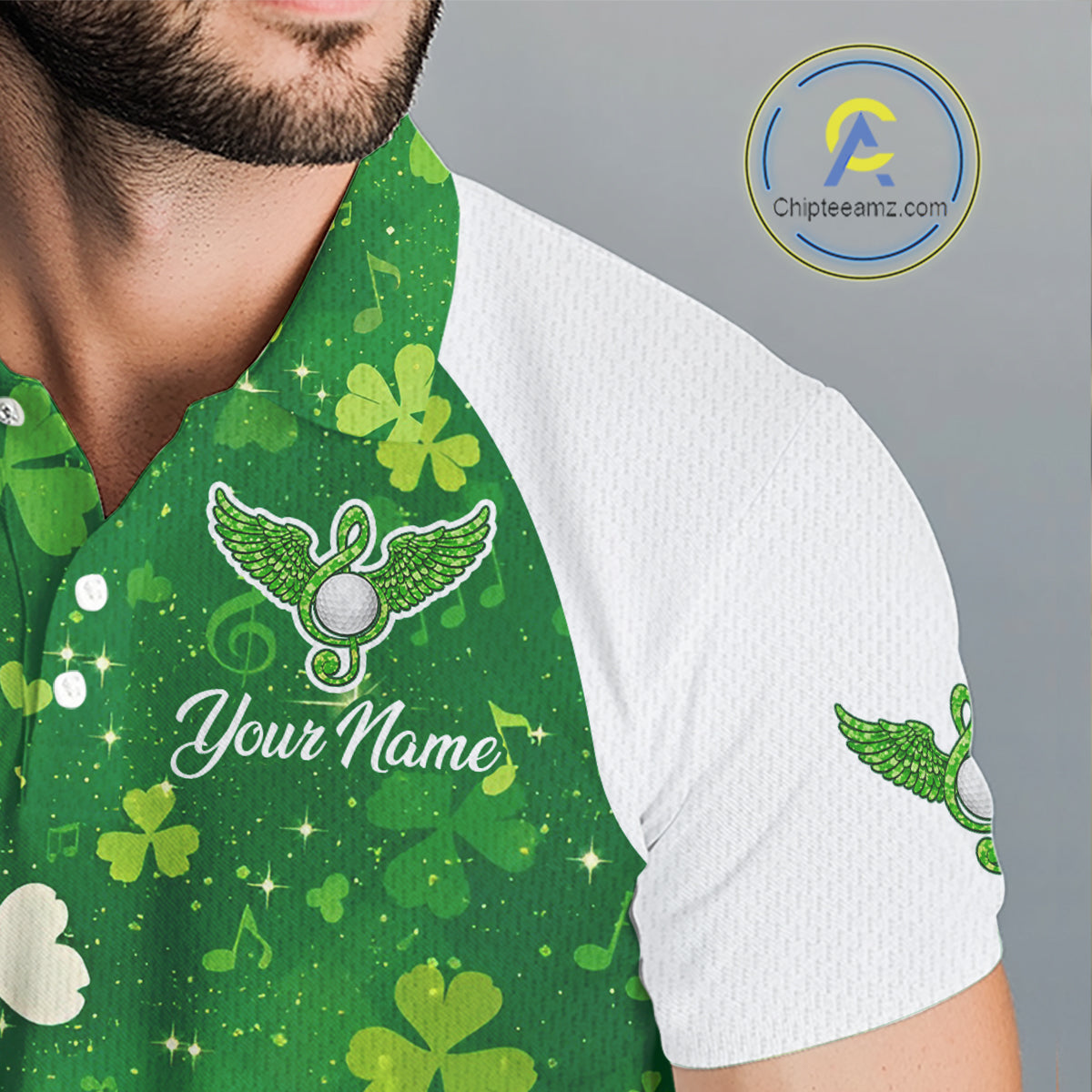 Mens Golf Polo Shirt Custom Name Green Music Angel Wing Golf Ball St Patrick’S Day Golf Outfit NHN0133