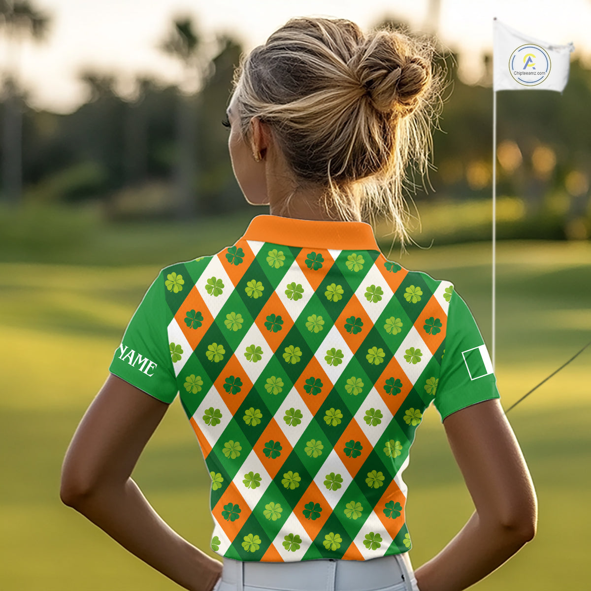 Argyle Womens Golf Polo Shirts Custom Ireland Flag St Patricks Day Green Clovers Plaid Golf Tops NHN0141