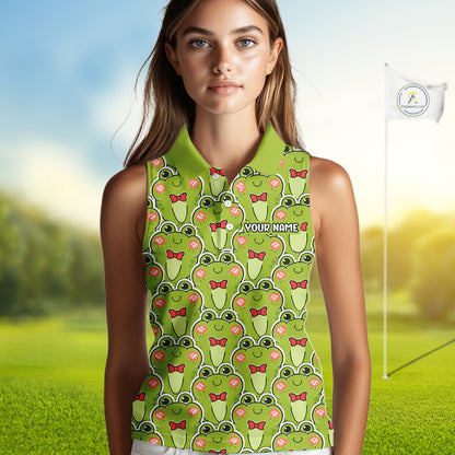 Funny Green Frog Pattern Womens Sleeveless Golf Polo Shirt Custom Golf Attire For Ladies, Golfer Gift NHN0146