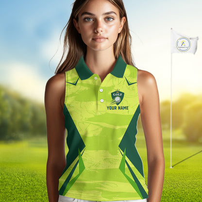 Green Camo Womens Sleeveless Golf Polo Shirt Custom Camouflage Golf Ball Golf Top For Team, Golfer Gift NHN0178