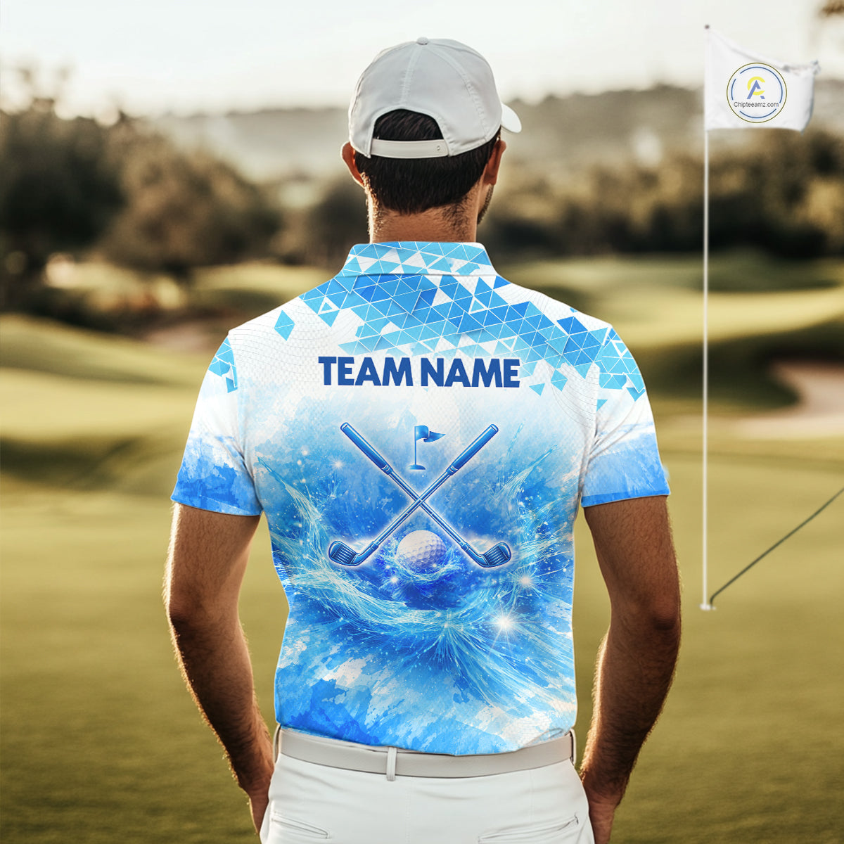 Luxury Blue Mens Golf Polo Shirt Custom Water Splash Pattern With Golf Ball, Team Name Golf Tops NHN0219