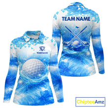Load image into Gallery viewer, Blue Womens Long Sleeve Golf Polo Shirt Custom Water Splash Pattern With Golf Ball, Team Golf Tops NHN0219