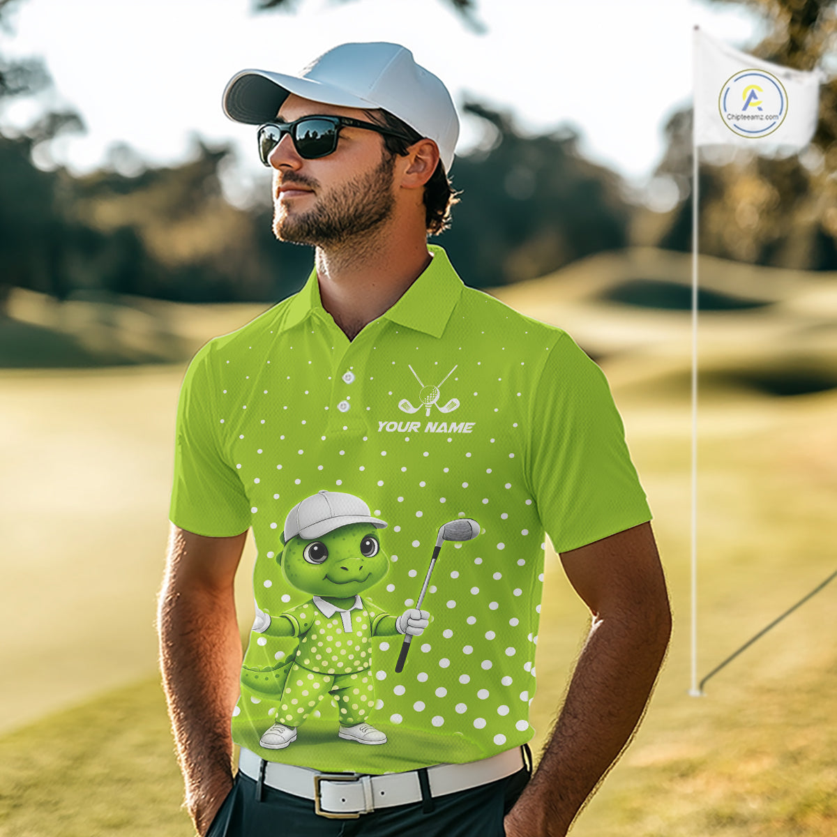 Funny Dinosaur Mens Golf Polo Shirt Green Pattern Custom Dinosaur Golf Shirts For Men NHN0100