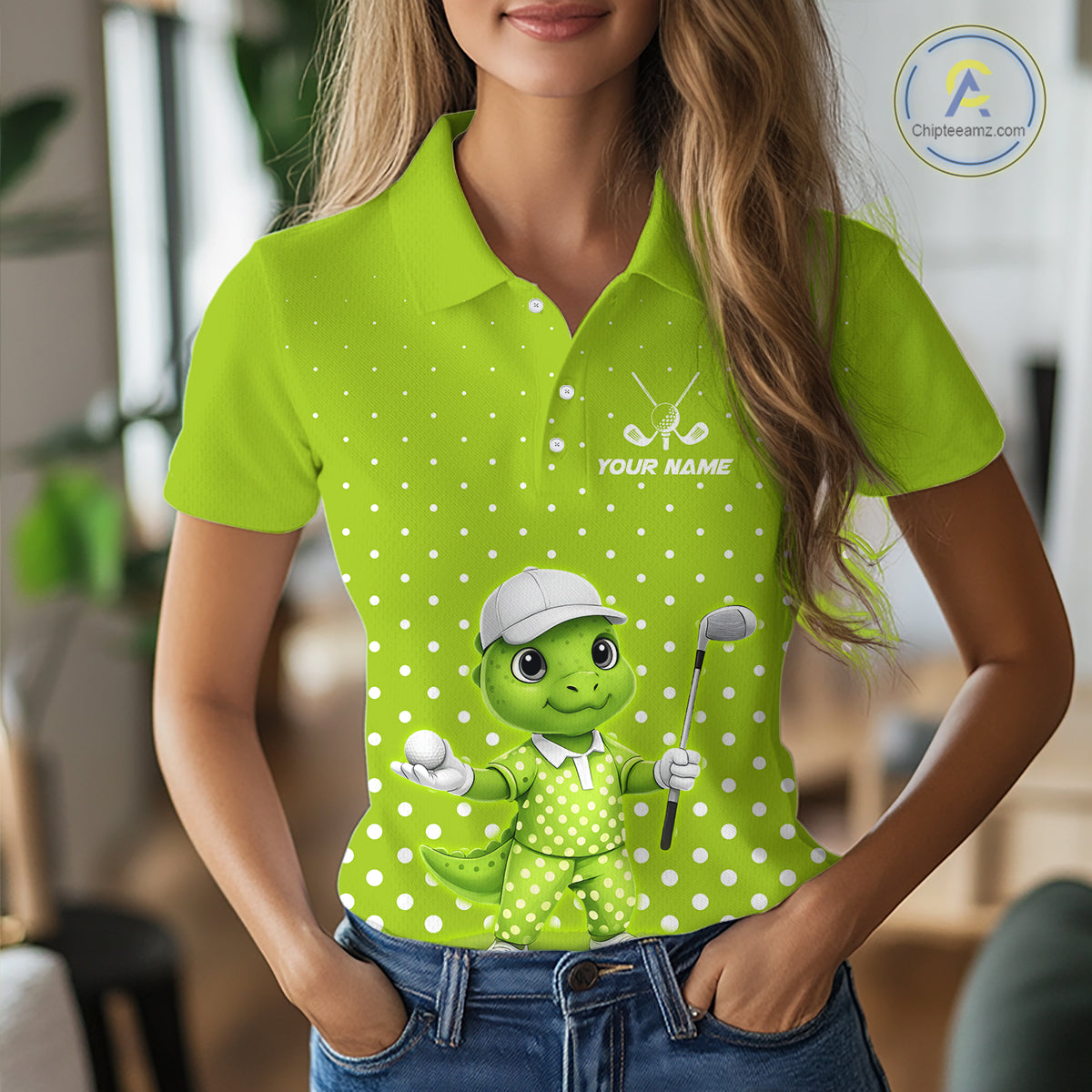 Funny Dinosaur Womens Golf Polo Shirt Custom Name Green Pattern Dinosaur Golf Shirts For Ladies NHN0100