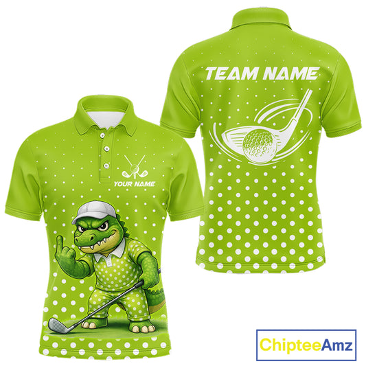 Funny Alligator Golf Polo Shirt For Men Custom Name Green Mens Golf Apparel Funny Golf Gifts NHN0104