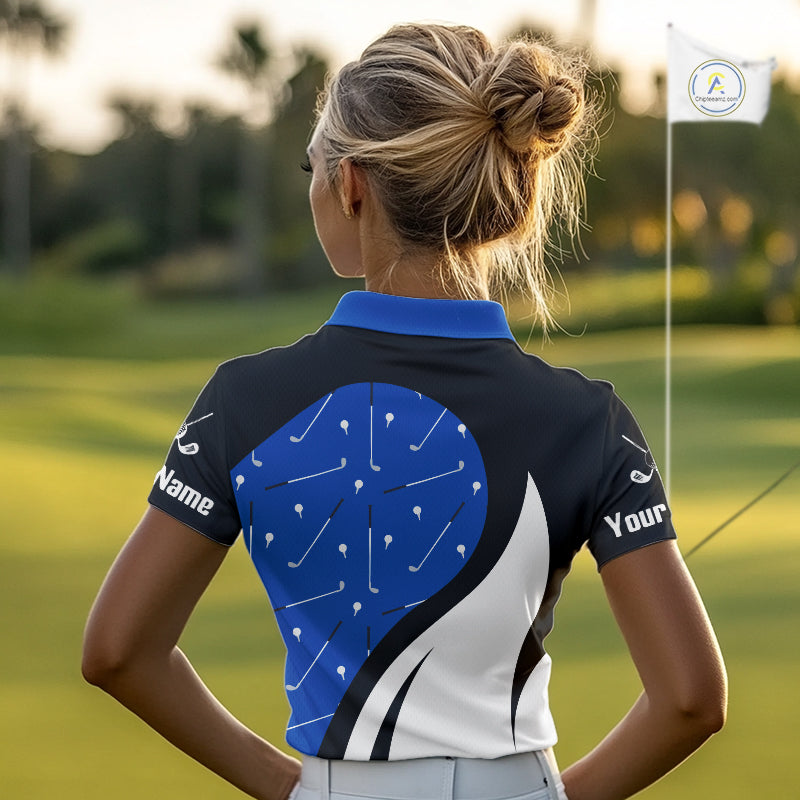 Blue And White Womens Golf Polo Shirt Custom Black Golf Shirts For Ladies, Golf Gifts Apparel NHN0109