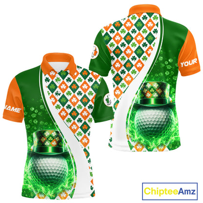 Mens Golf Polo Shirts Custom Green Clover St Patricks Day Plaid Pattern Ireland Flag Flame Golf Ball NHN0142