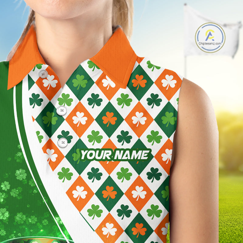 Womens Sleeveless Golf Polo Shirt Custom Green Clover St Patricks Day Plaid Pattern Ireland Flag NHN0142