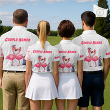 Load image into Gallery viewer, Matching Golf Polo Shirts For Couples, Custom Pink &amp; White Glitter Flamingo Valentine Golf Outfits NHN0026