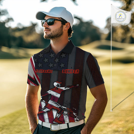 Mens Disc Golf Polo Shirt Custom Name Vintage American Flag Disc Golf Basket Patriotic Golf Shirts  NHN0029