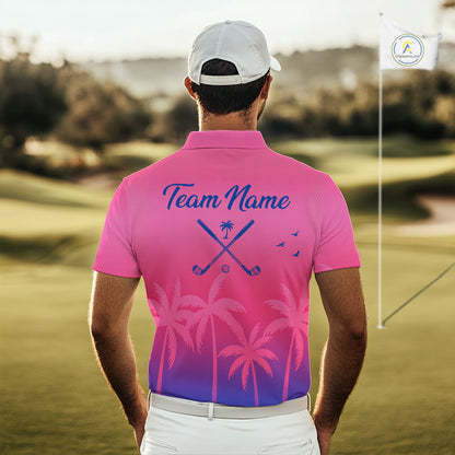 Mens Golf Polo Shirt Custom Pink Blue Palm Pattern Team Golf Tops For Men, Summer Golf Gifts NHN0172