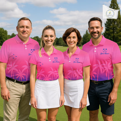 Mens Golf Polo Shirt Custom Pink Blue Palm Pattern Team Golf Tops For Men, Summer Golf Gifts NHN0172