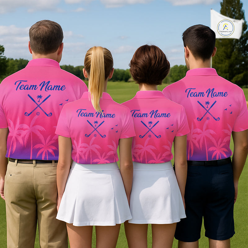 Mens Golf Polo Shirt Custom Pink Blue Palm Pattern Team Golf Tops For Men, Summer Golf Gifts NHN0172