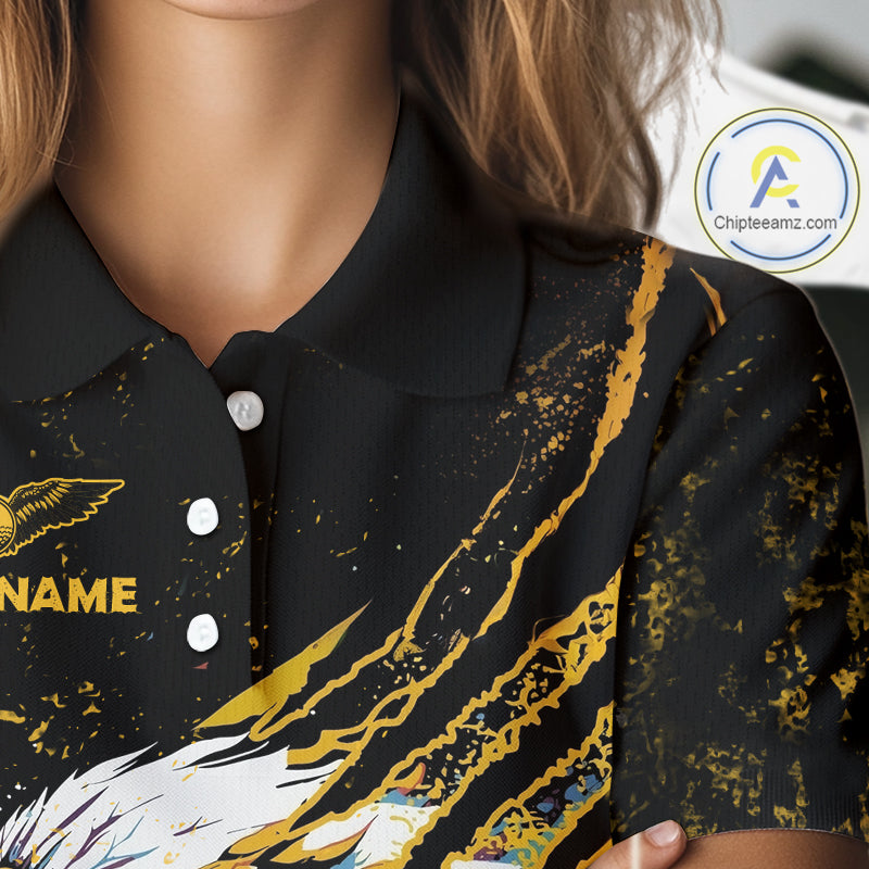 Womens Golf Polo Shirt Custom Yellow And Black Grunge Ripped Eagle Grasping Golf Ball Golf Apparel NHN0057