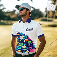 Load image into Gallery viewer, Funny Mens Golf Polo Shirt Custom Toucan Tropical Pattern, Flamingo Golf Shirt For Men NHN0205