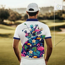 Load image into Gallery viewer, Funny Mens Golf Polo Shirt Custom Toucan Tropical Pattern, Flamingo Golf Shirt For Men NHN0205