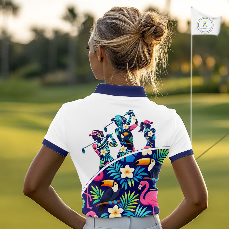 Funny Womens Golf Polo Shirt Custom Toucan Tropical Pattern, Flamingo Golf Shirt For Ladies NHN0205