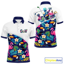 Load image into Gallery viewer, Funny Mens Golf Polo Shirt Custom Toucan Tropical Pattern, Flamingo Golf Shirt For Men NHN0205