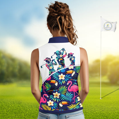 Funny Womens Sleeveless Golf Polo Shirt Custom Toucan Tropical Pattern, Flamingo Golf Shirt For Ladies NHN0205