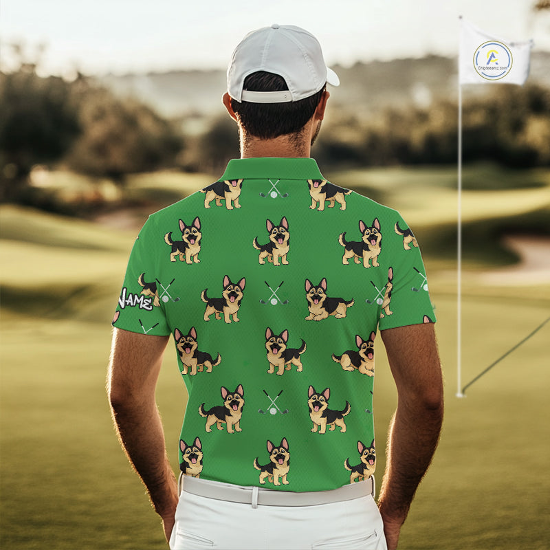 Funny German Shepherd Mens Golf Polo Shirt Custom Green Pattern Team Mens Golf Tops, Dog Lover Gift NHN0213