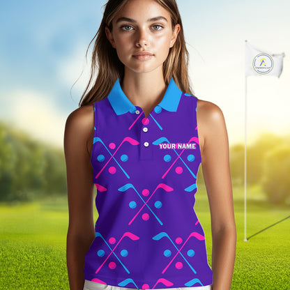 Womens Sleeveless Golf Polo Shirt Blue Purple Pink Custom Golf Balls And Golf Clubs, Team Golf Shirt NHN0105