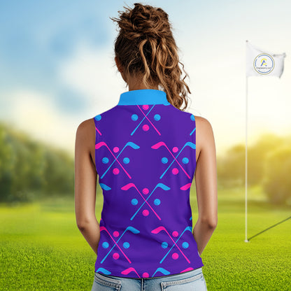 Womens Sleeveless Golf Polo Shirt Blue Purple Pink Custom Golf Balls And Golf Clubs, Team Golf Shirt NHN0105