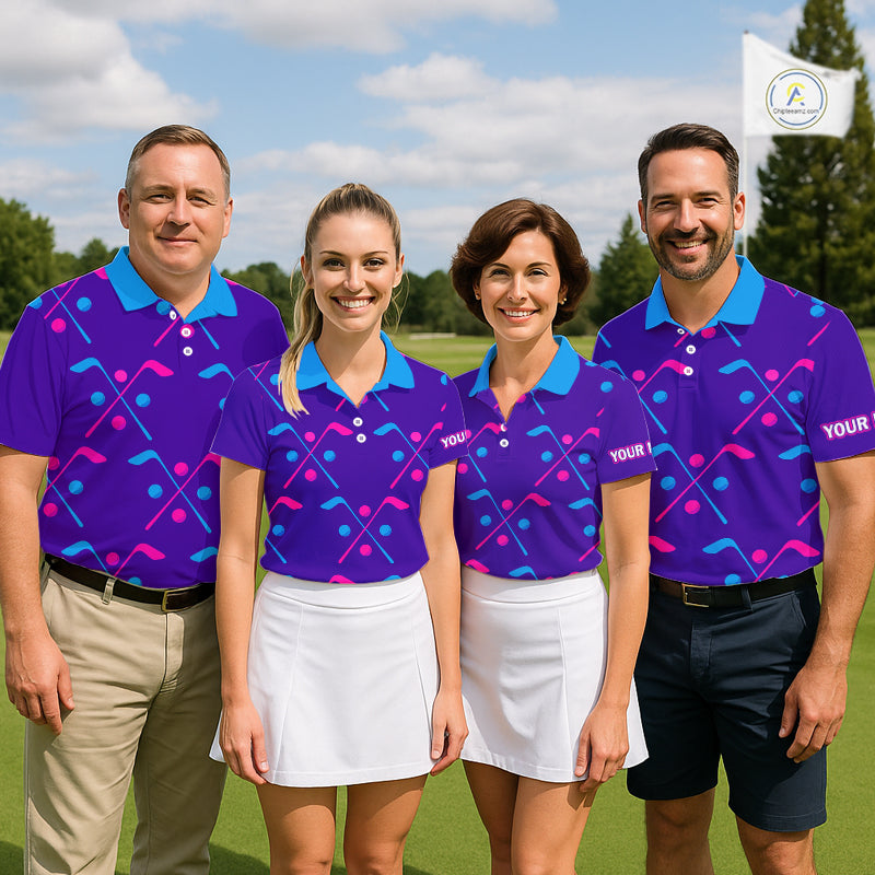 Mens Golf Polo Shirts Blue Purple Pink Custom Golf Balls And Golf Clubs Pattern, Team Golf Shirt NHN0105