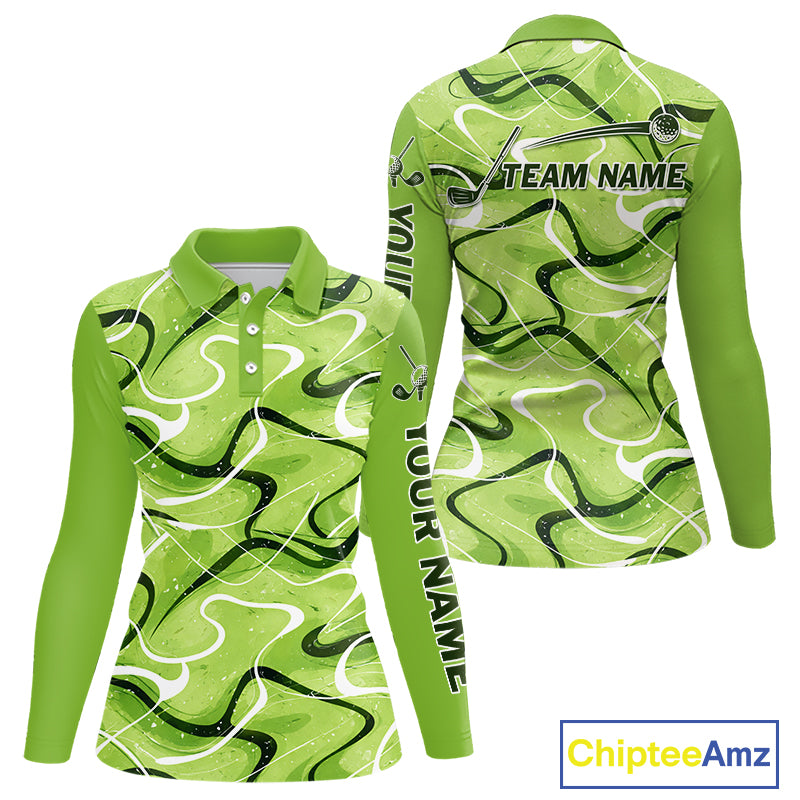 Green And White Womens Long Sleeve Golf Polo Shirt Custom Green Camo Golf Tops For Ladies, Golf Gifts NHN0111