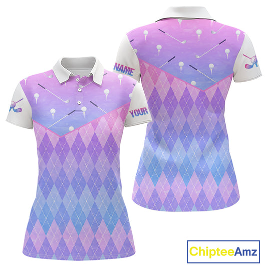 Argyle Golf Polo Shirt For Women Custom Pink & Purple Golf Clubs Plaid Team Golf Top, Golf Gifts NHN0114