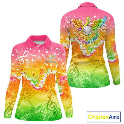 Womens Long Sleeve Golf Polo Shirt Colorful Music Angel Wing Golf Ball Custom Golf Top For Team NHN0130