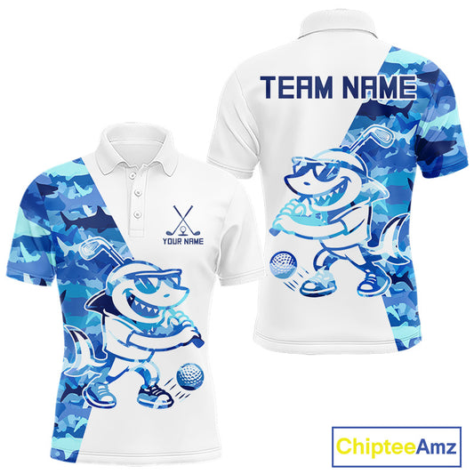 Custom Mens Golf Polo Shirt Funny Blue And White Shark Pattern Golf Shirts For Men NHN0002